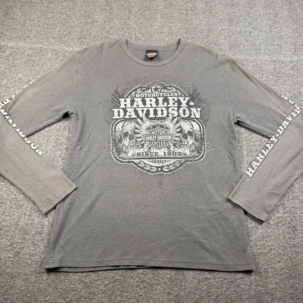 Harley Davidson Shirt Mens XL Gray Thermal Long Sleeve Graphic Waffle Knit Biker